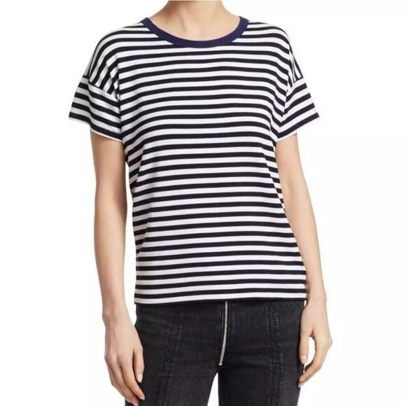 Rag & Bone Striped Stretch Split-Back Crewneck Tee-Shirt Top White Navy Size XXS - Picture 12 of 12